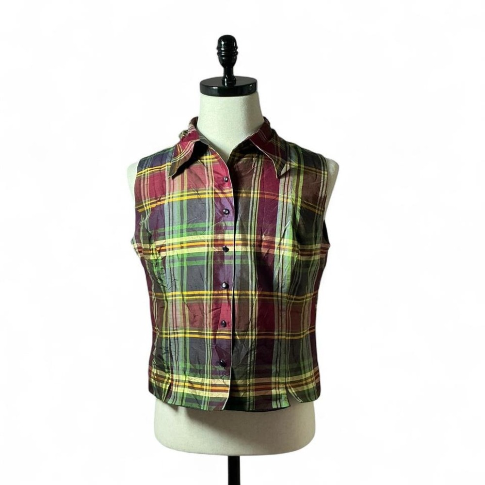 Silk Plaid Sleeveless Blouse Top Button Down Collared Shirt i(E) L